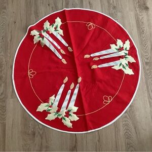 Vintage Festive Red Felt Candle Embroidered Table Cover or Tree Skirt